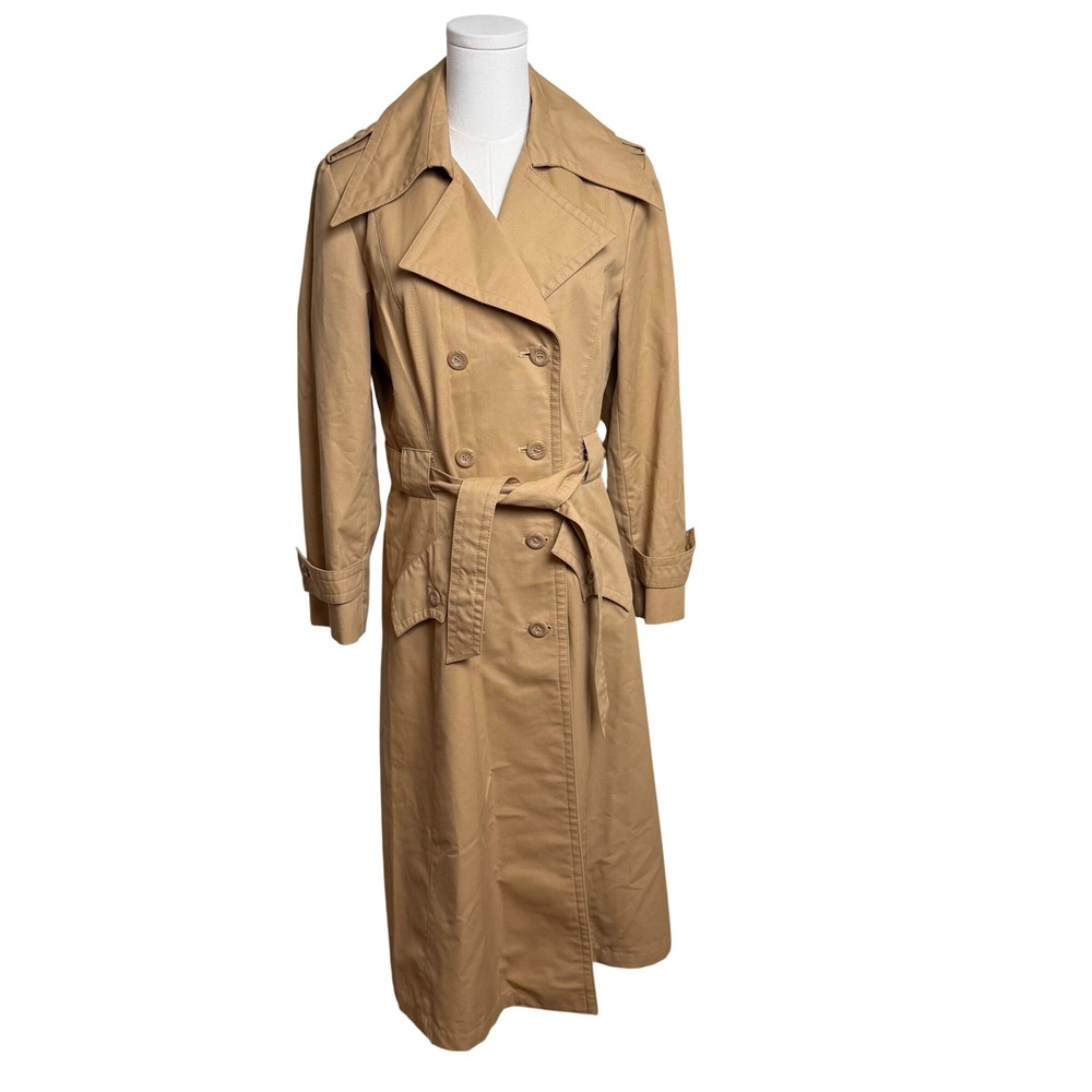 VTG Mark Klaus Tan Double Breasted Trench Coat Khaki Belted Raincoat Size 12